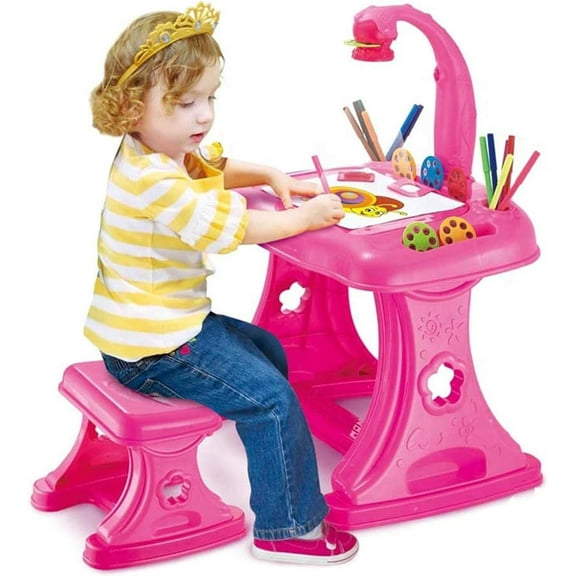 COLOR TREE Children 4 in 1 Learning Drawing Table with Projector, Magnetic Alphabet, Projection Painting and Spelling, Pink