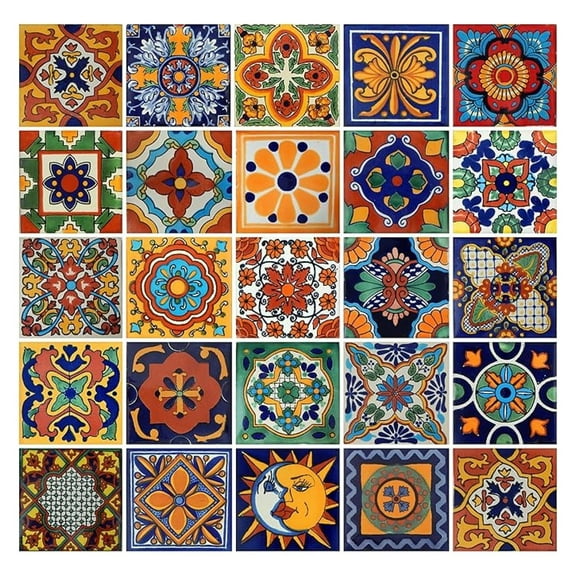 COLOR Y TRADICIN 100 Mexican Talavera Tiles, 25 Different Designs, 4x4 Inches, Handpainted, Suitable for Walls, Counter Tops, Backsplash