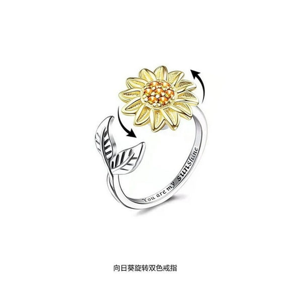 COLORFUL BLING Adjustable Fidget Spinner Flower Rings Anxiety Rotating Sunflower Planet Spinning Anxiety Ring for Women Girlfriend