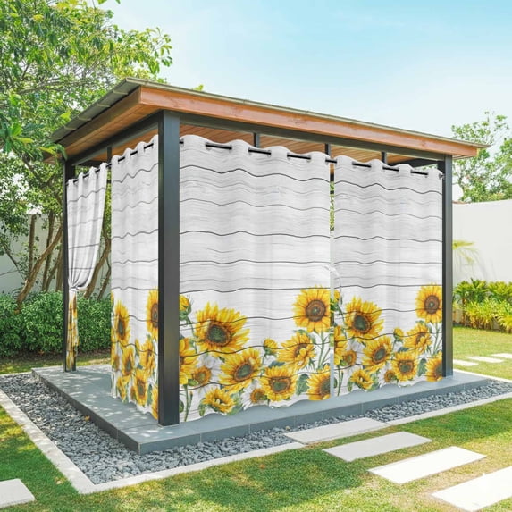Country Watercolor Outdoor Curtains for Patio, Sunflowers Vintage Floral White Wood Grain Waterproof Outside Curtains Privacy Blackout Curtain for Porch Pergola Cabana, 2 Panel 54W x 84L Inch