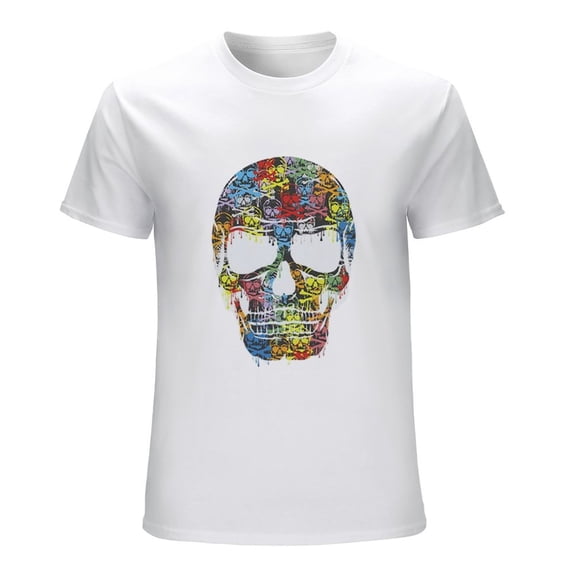 COLORFUL SKULL Men’s T-Shirt 100% Cotton Casual Short Sleeve Tops Gift Tee White 2XL