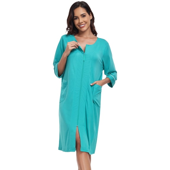 ANLIQI Women's 100% Cotton Robe Lightweight 3/4 Sleeve Zip Front Robes Soft Knee Length Bathrobe Housecoat(Azureblue,S)