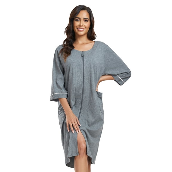 ANLIQI Women's 100% Cotton Robe Lightweight 3/4 Sleeve Zip Front Robes Soft Knee Length Bathrobe Housecoat(Dark Grey,M)