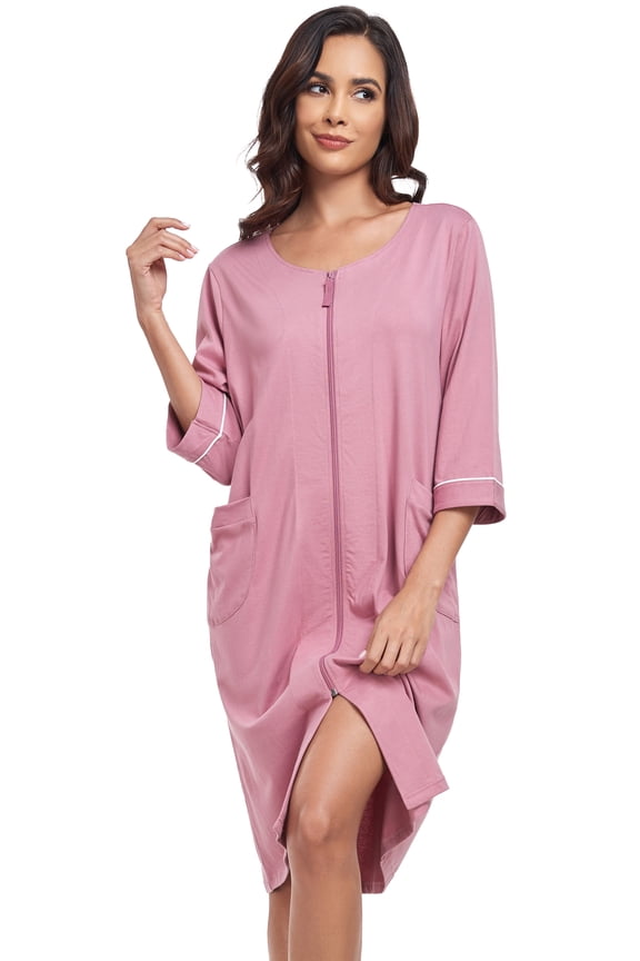 Women's 100% Cotton Robe Lightweight 3/4 Sleeve Zip Front Robes Soft Knee Length Bathrobe Housecoat(Dusty Rose,L)