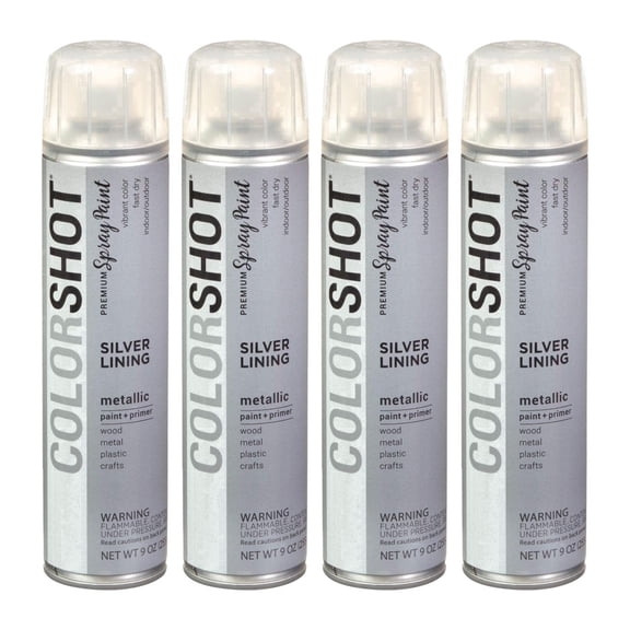 COLORSHOT Metallic Spray Paint, Silver Lining (Silver Metallic) 9 oz. 4 Pack, Fast-Drying Acrylic Paint, Indoor & Outdoor Use