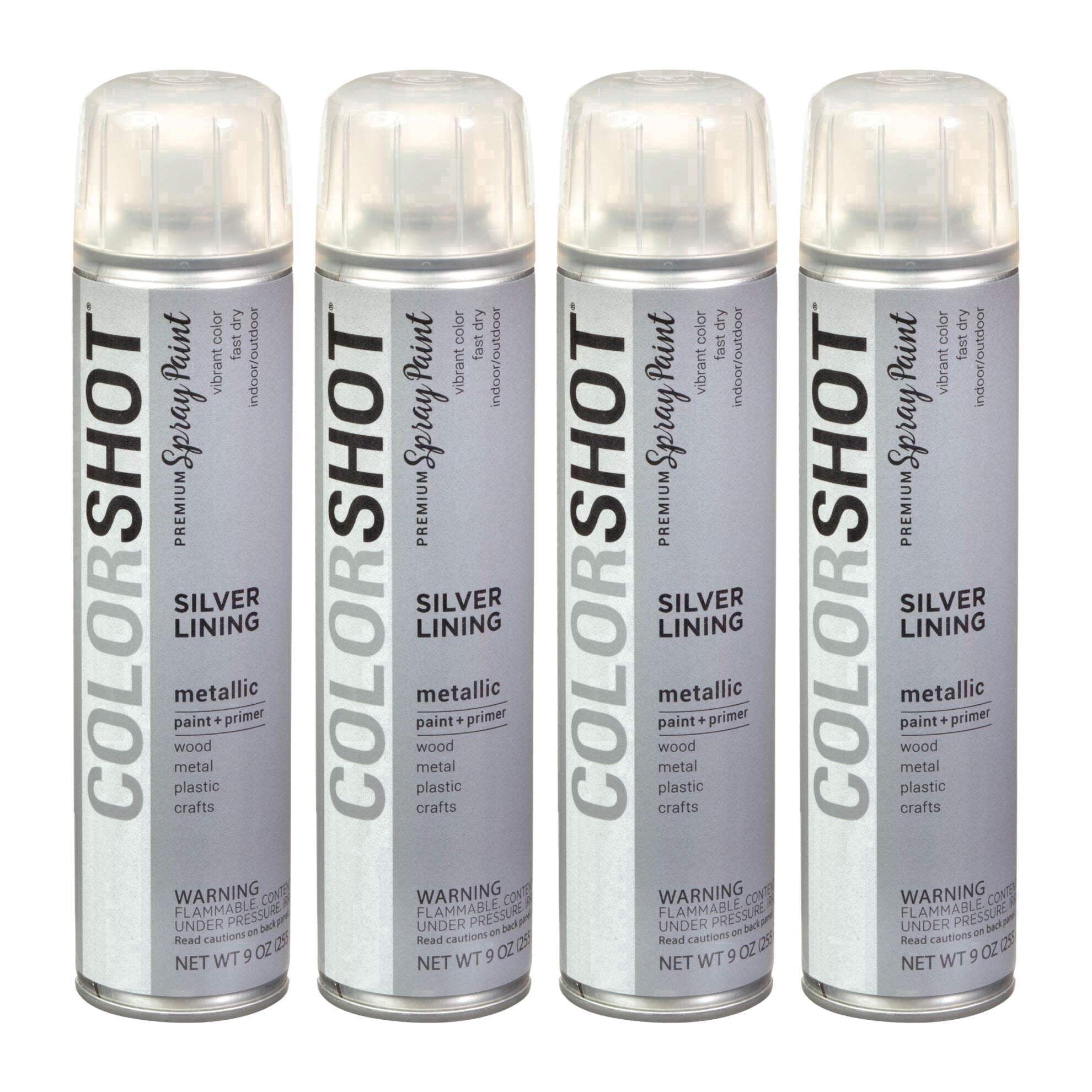 COLORSHOT Metallic Spray Paint, Silver Lining (Silver Metallic) 9 oz. 4 Pack, Fast-Drying Acrylic Paint, Indoor & Outdoor Use