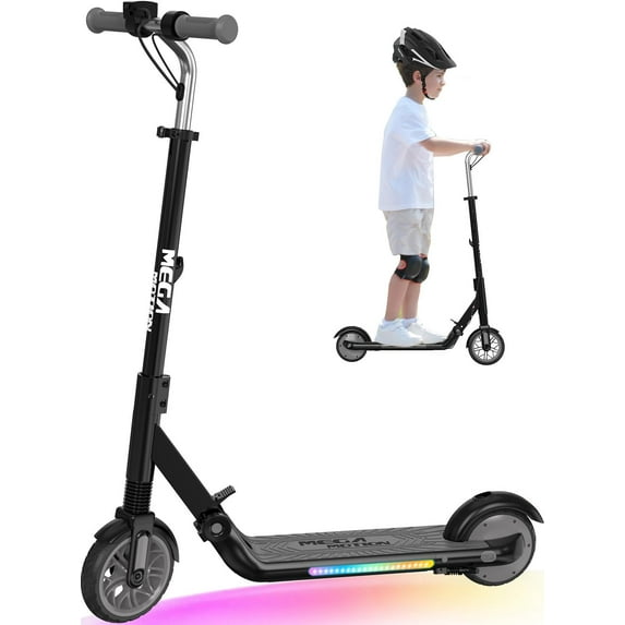 Mega Motion ME1 Electric Kids Scooter – Children and Toddler Foldable Kick Scooter – Adjustable Handlebar – Indoor and Outdoor - 3 Speed Adjustment, with LED Lights & Rear Brake – Ages 6+