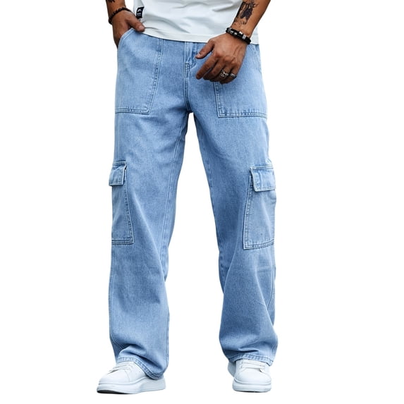 COLORWINGS Men's 6 Pocket Cargo Jeans – Relaxed Fit Washed Denim Pants with Utility Pockets, Casual Streetwear Jeans