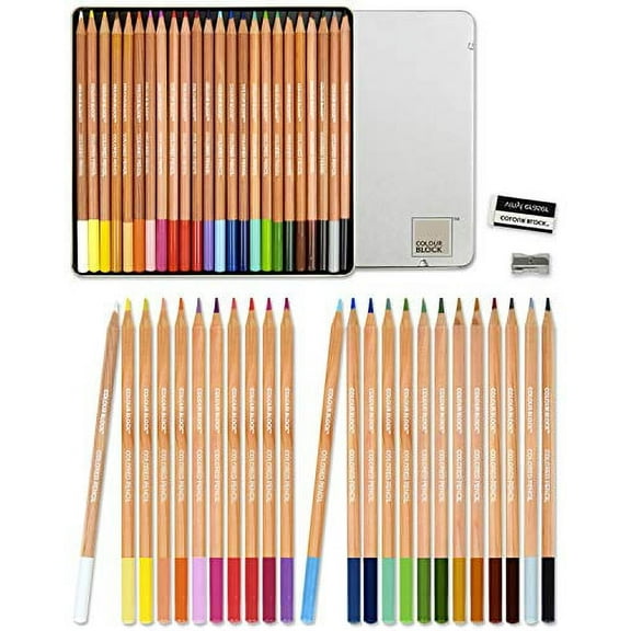 COLOUR BLOCK 24pc Colored Pencil Set: Premium Cedar Handle, Vinyl Eraser, Sharpener in Tin Box