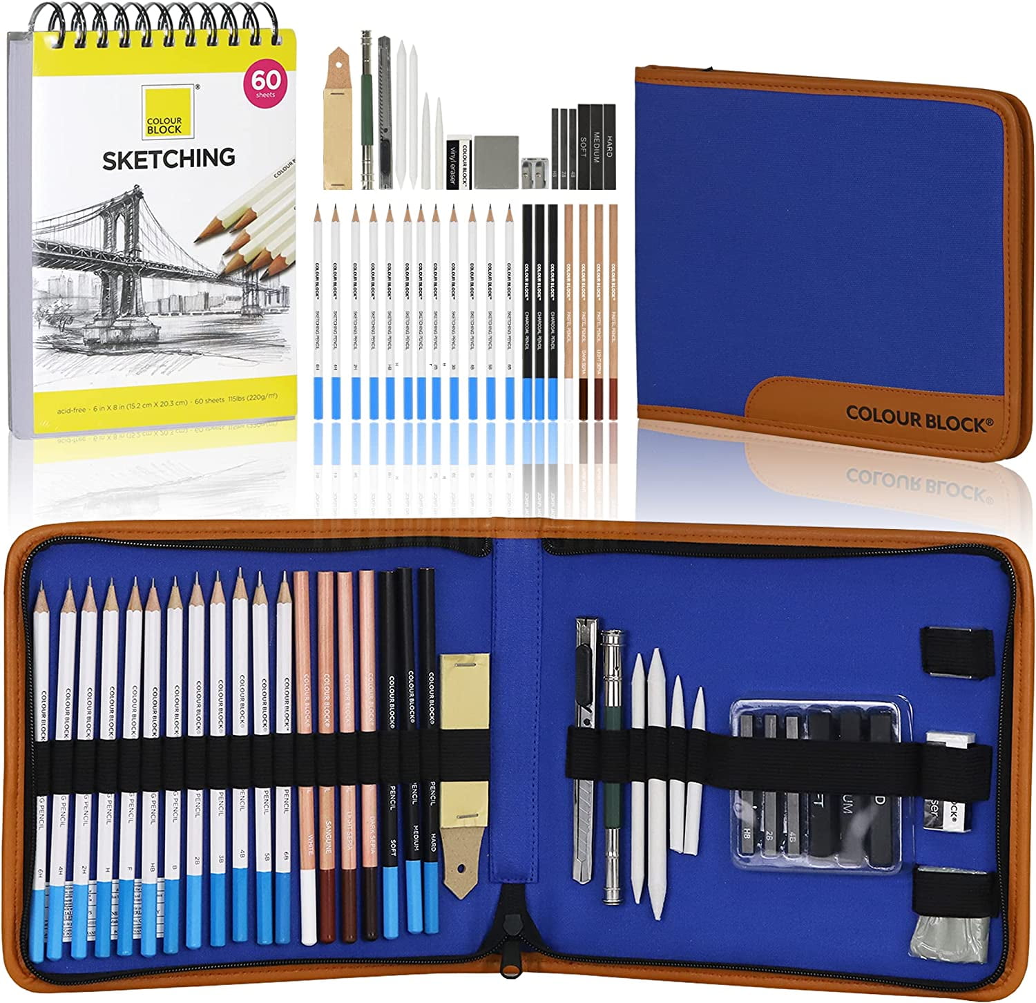 COLOUR BLOCK 37pc Sketching Travel Art Set I Drawing Kit Includes 60 Sheets  Sketch Pad, Pencils, Charcoal, Graphite Sticks, Sketch Tools I Beginners,  Artists 