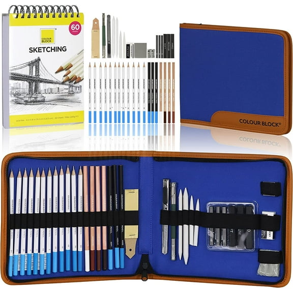 COLOUR BLOCK 37pc Sketching Travel Art Set with 60-Sheet Pad, Pencils, Charcoal, Graphite Sticks, and Tools for Artists on the go