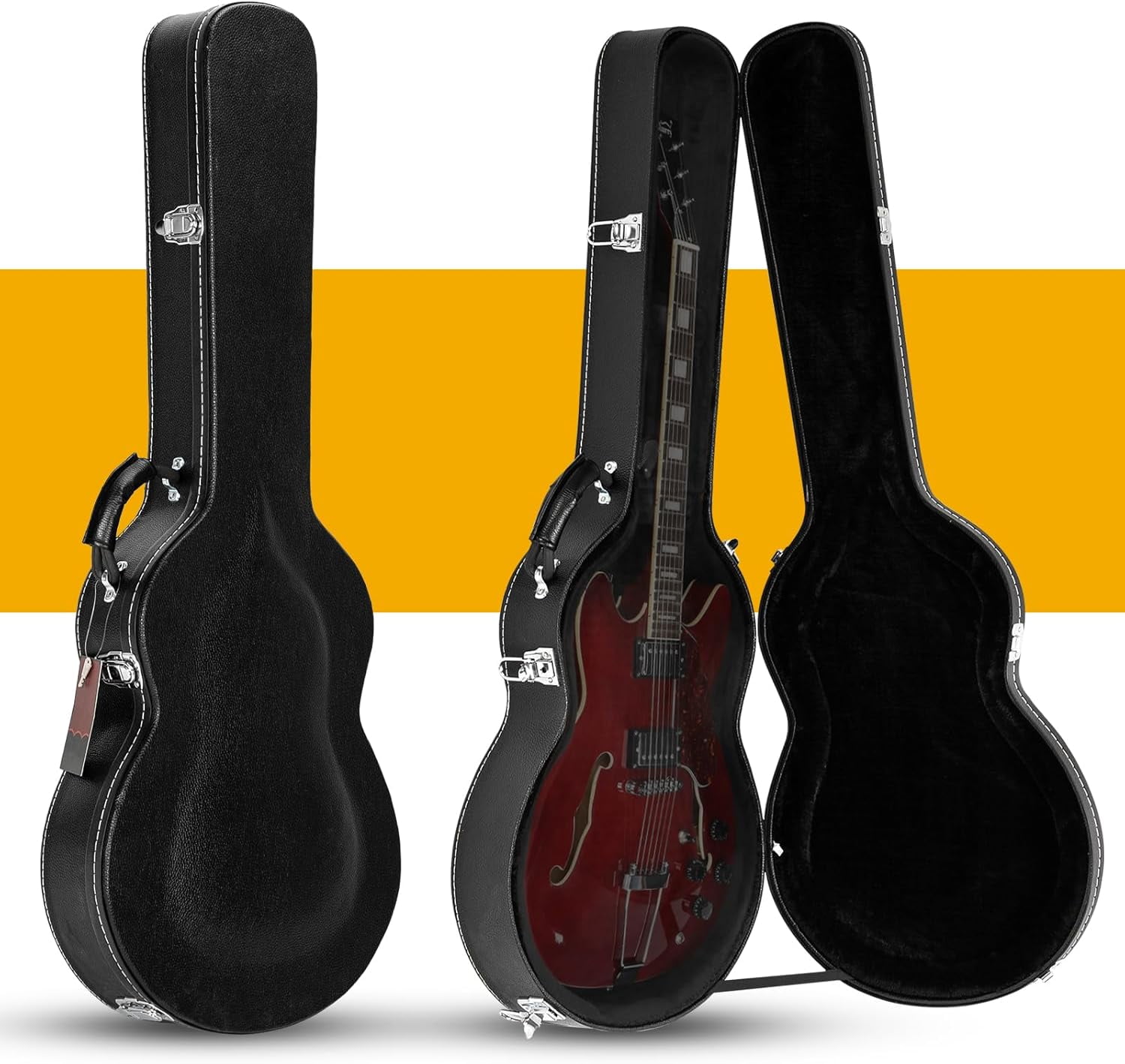 COLOUR Electric Guitar Hard Case, Wooden Hard-Shell 42-Inch Electric Guitars Protective Carrying Case for 335-Style Semi-Hollow \u0026 Hollowbody Guitar with Lock Latch Padding, Black