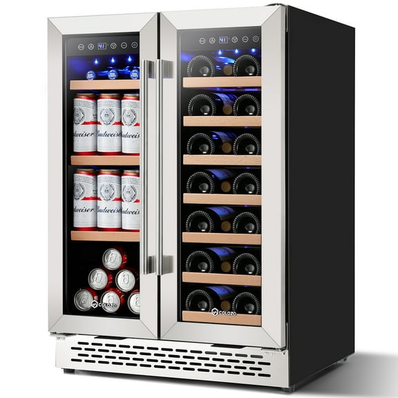 COLOZO Wine Beverage Refrigerator, 24 inch Freestanding Dual Zone Wine Fridge Cooler for Home Office