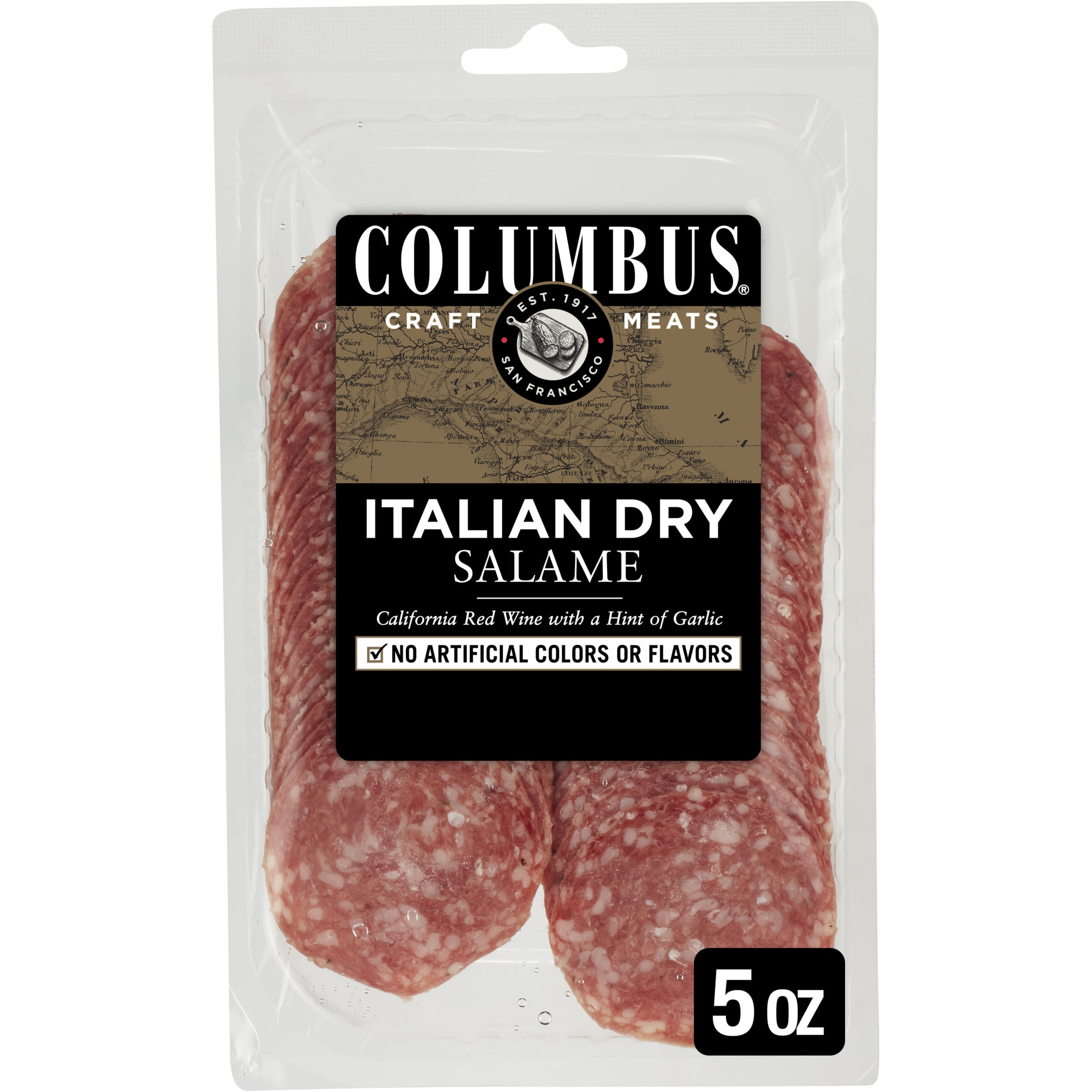COLUMBUS Italian Dry Pork Salami, Sliced Charcuterie Meat, Serving size 28  g, Protein 6 g, 5 oz Plastic Pack 