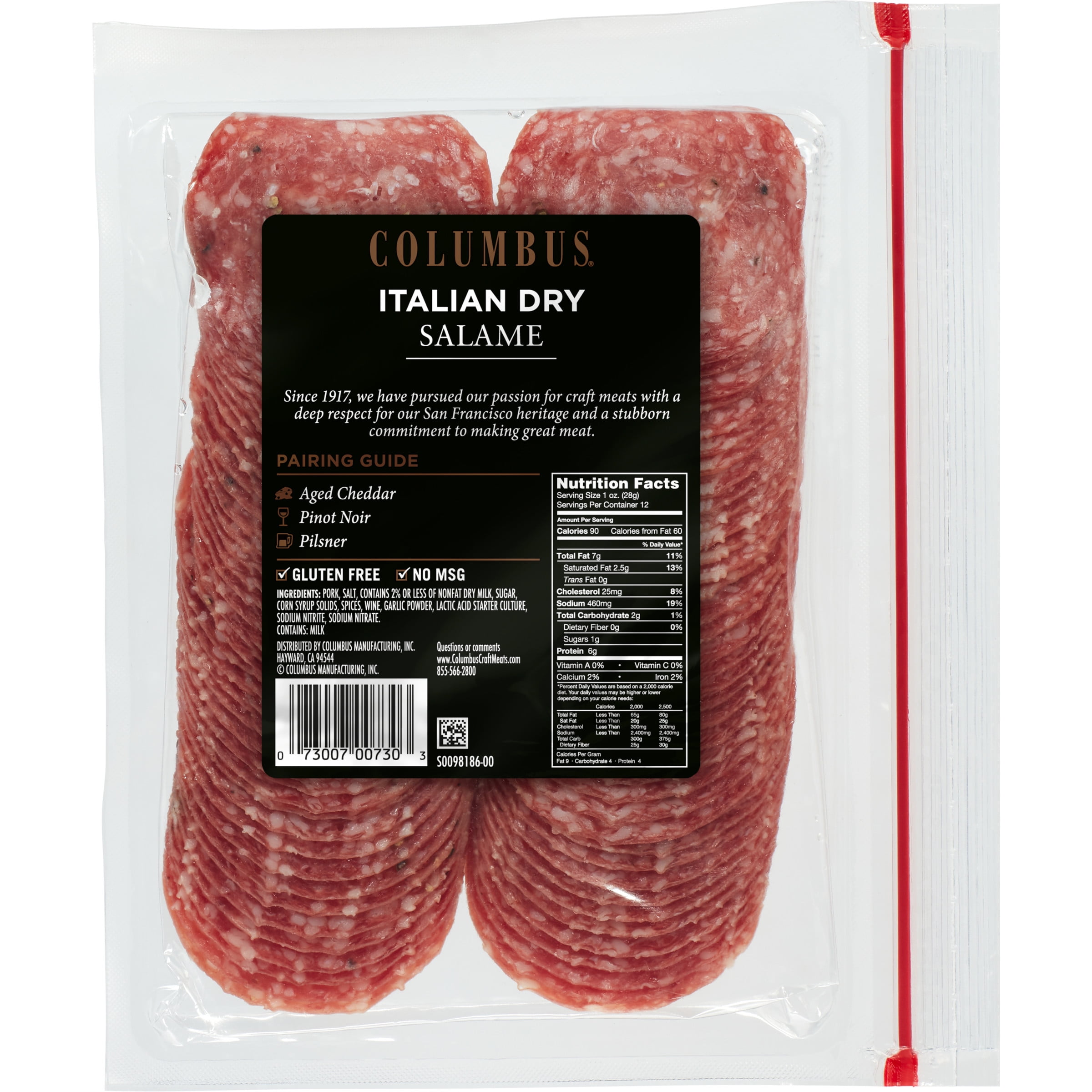 COLUMBUS, Italian Dry Salami, Sliced Charcuterie Meat, Quality Pork, 12oz Plastic Tray