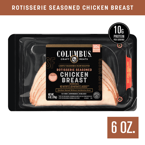 COLUMBUS Rotisserie Style Chicken Breast Lunchmeat, 10G Protein, Antibiotic-Free, 6oz Resealable Tray (Refrigerated)