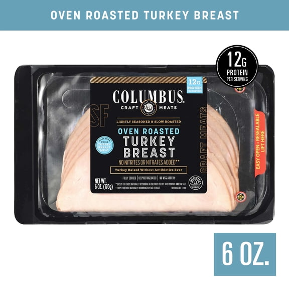 COLUMBUS Oven Roasted Turkey Breast Lunchmeat, 12G Protein, 6oz Resealable Tray, Fully Cooked