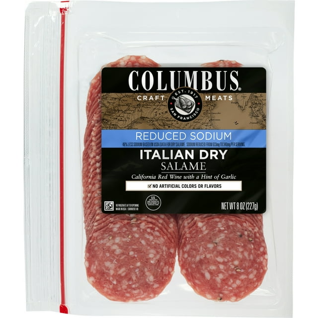 COLUMBUS Sliced Reduced Sodium Italian Dry Salame, Refrigerated, 8 oz Plastic Tray