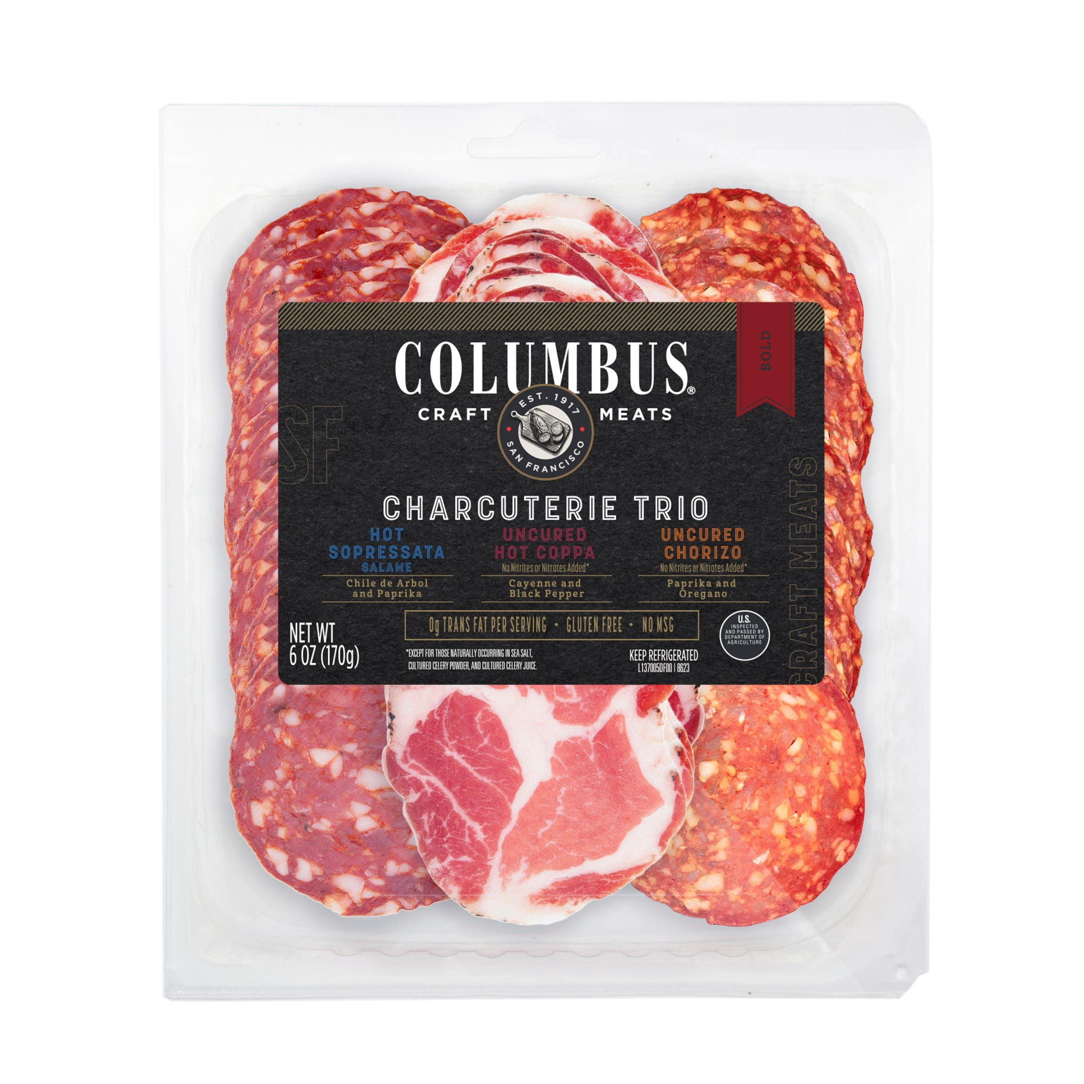 Columbus Charcuterie Trio Bold Snack Pack with Soppressata, Hot Coppa, and Chorizo, 6oz