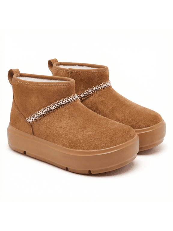 Woman Snow Boots Winter Faux-Suede Ankle Boots Faux-Fur Lined Wide Toe Platform Outdoor Cold Weather Footwear