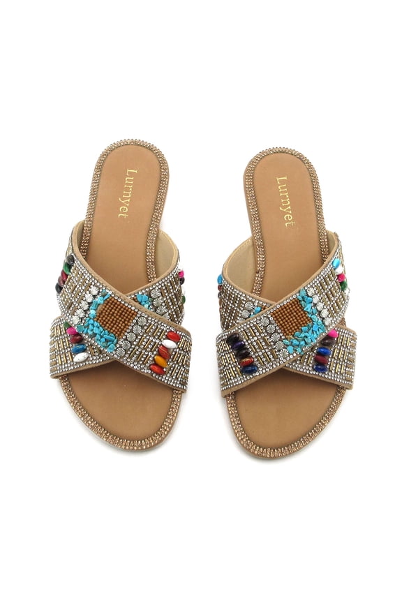 Women's Bohemian Beaded Rhinestone Flat Slide Sandals Colorful Beads Cross Strap Open Toe Summer Slippers