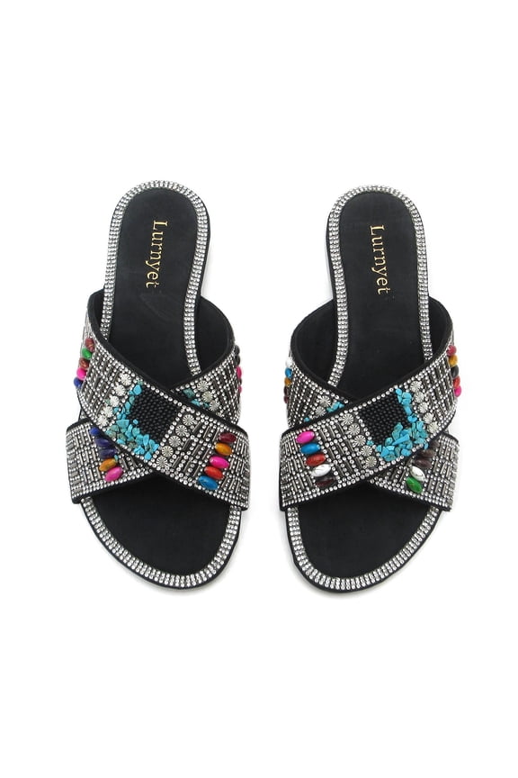 Women's Bohemian Beaded Rhinestone Flat Slide Sandals Colorful Beads Cross Strap Open Toe Summer Slippers