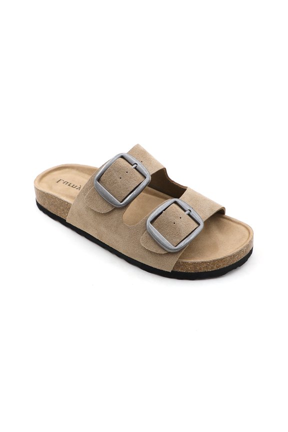 Women’s Double Buckle Slide Sandals Adjustable Strap Comfort Footbed Casual Slip On Sandals