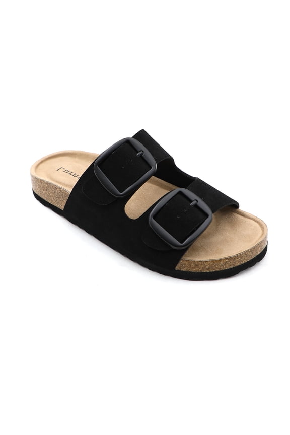 Women’s Double Buckle Slide Sandals Adjustable Strap Comfort Footbed Casual Slip On Sandals