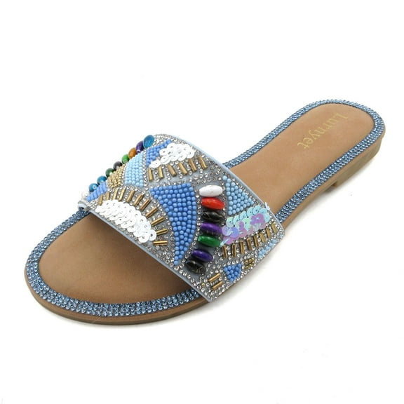 COM STAR Women's Flat Sandals Fashion Glitter Slip Shoes Flat Sandals Open Toe Rhinestone Slippers Glitter Glitter Casual Sandals For Summer Daily Party,Sizes 6-10