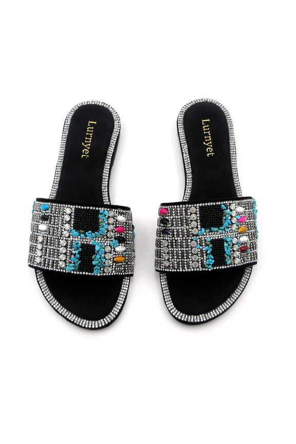 Women’s Rhinestone Slide Sandals Open Toe Flat Slip-On Casual Summer Shoes Embellished Strap Walking Slippers