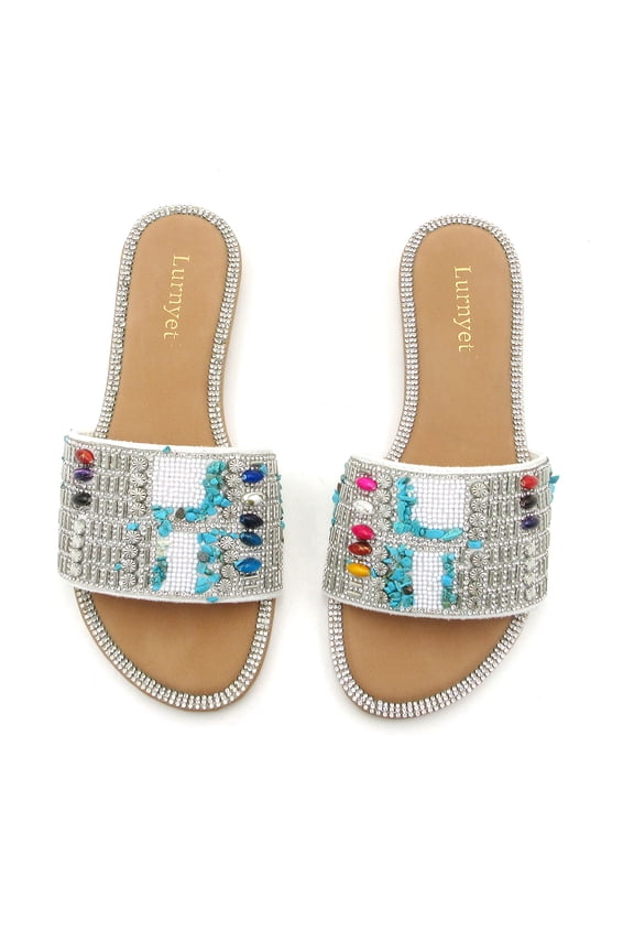 Women’s Rhinestone Slide Sandals Open Toe Flat Slip-On Casual Summer Shoes Embellished Strap Walking Slippers