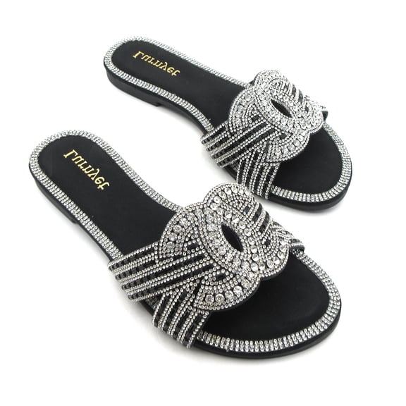 COM STAR Women’s Rhinestone Slide Sandals Sparkly Dressy Flat Sandals Fashion Summer Slip On Sandals for Party, Vacation and Casual Wear