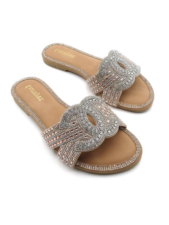 Women’s Rhinestone Slide Sandals Sparkly Dressy Flat Sandals Fashion Summer Slip On Sandals for Party, Vacation and Casual Wear