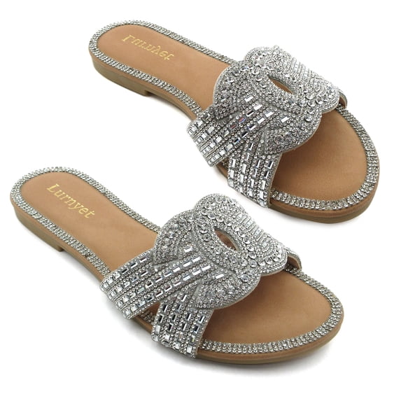 COM STAR Women’s Rhinestone Slide Sandals Sparkly Dressy Flat Sandals Fashion Summer Slip On Sandals for Party, Vacation and Casual Wear