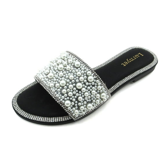 COM STAR Women's Shiny Pearls Flat Sandals Fashion Round Toe Open Toe Jewelry Slip On Shoes Slip In Rhinestone Glitter Slippers,Sizes 6-10