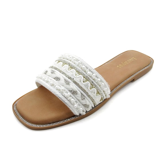 COM STAR Women's Summer Slip-On Flip Flops Lightweight Casual Sandals with Beaded Detail, Comfortable Holiday Gift Choice