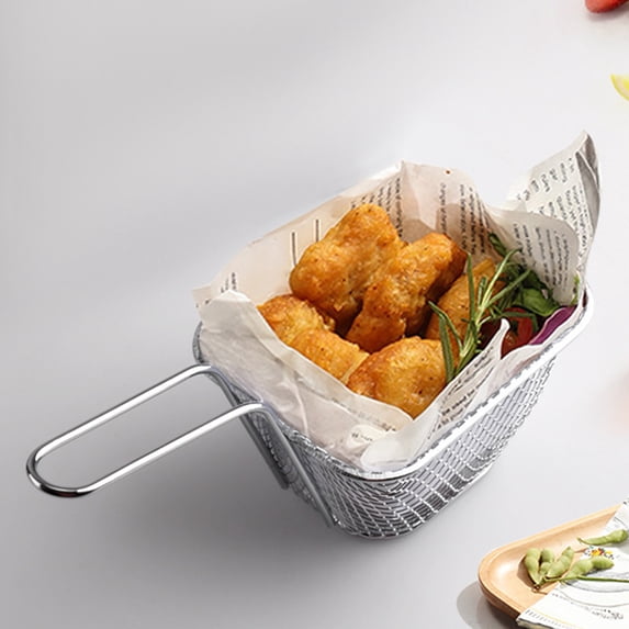 COM1950s 1 Pcs Mini Square Fry Baskets,4.3×3.5×2.5Inch Stainless Steel Fry Basket with Handle Steel French Fry Chip Basket French Fries Desk Food Presentation Mesh Basket Kitchen Cooking Tool,Silver