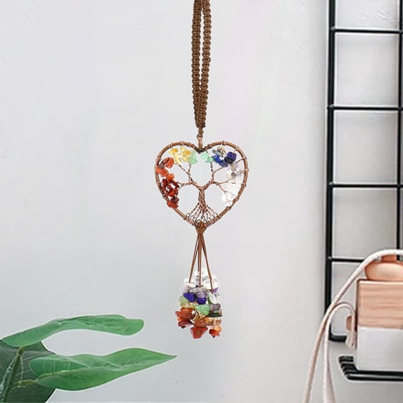 COM1950s 1 Pcs Tree of Life Car Mirror Hanging Accessories,7 Chakra Crystals and Healing Stones Seven-Colored Stone Car Ornaments Good Luck Wall Decor,8.26In