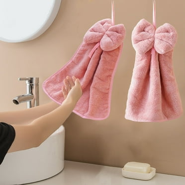 COM1950s 1Pcs Bowknot Hanging Hand Dry Towels,Microfiber Coral Velvet Hand Towels Hanging Loop,Absorbent Super Soft Cute Hand Towels for Kitchen Bathroom Kids Adults,12X14In,Pink