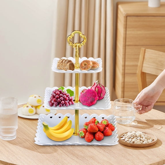 COM1950s 3-Tier Plastic Cupcake Stand with Gold Trim - Rectangular Tiered Serving Tray for Weddings, Baby Showers, Tea Parties - Stackable, Easy Assembly & Storage