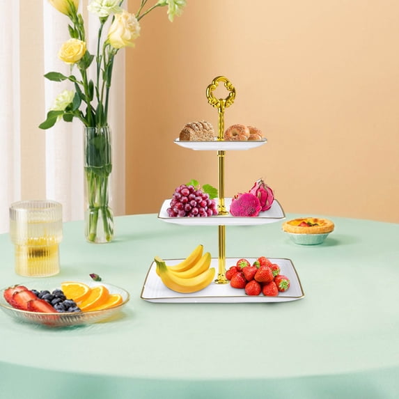 COM1950s 3-Tier Plastic Cupcake Stand with Gold Trim - Rectangular Tiered Serving Tray for Weddings, Baby Showers, Tea Parties - Stackable, Easy Assembly & Storage