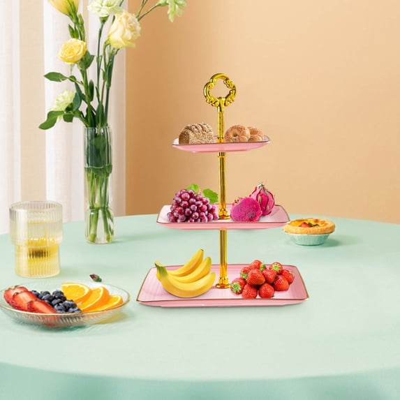 COM1950s 3-Tier Plastic Cupcake Stand with Gold Trim - Rectangular Tiered Serving Tray for Weddings, Baby Showers, Tea Parties - Stackable, Easy Assembly & Storage