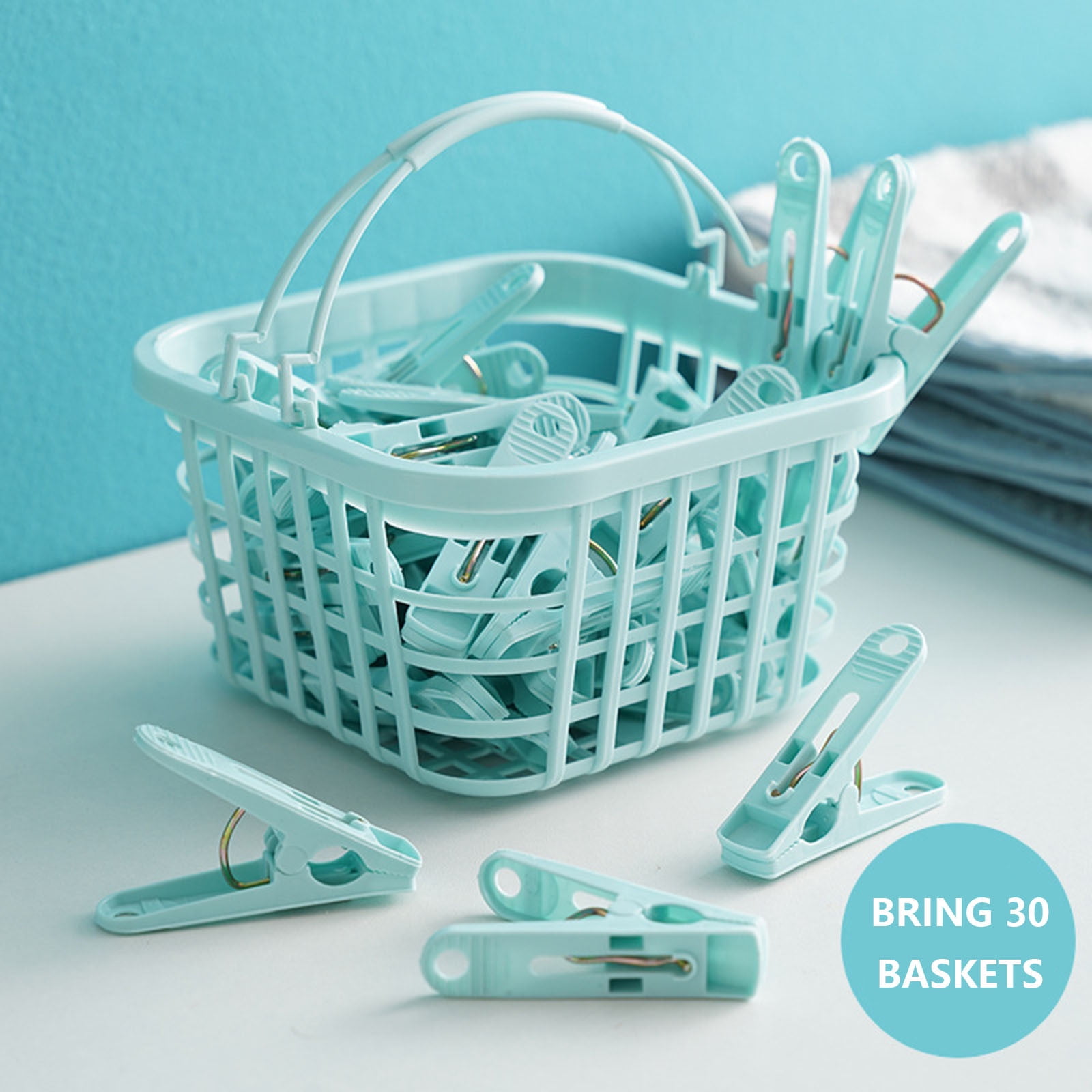 COM1950s 30 Pack Plastic Clothes Pins Heavy Duty Clothespins for Laundry,Clothesline Clips Clothes Pegs with No Trace Design,Windproof Clothes Clips with Basket for Hanging Clothes,Socks,Towel,Snack