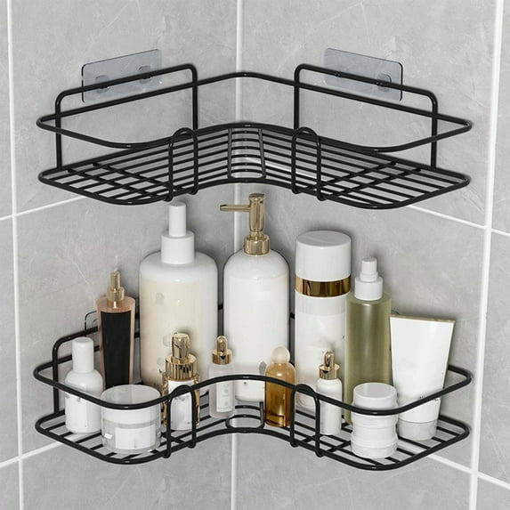 COM1950s Adhesive Shower Caddy Corner Shelf,Hanging Bathroom Shelves Wall Mounted Shower Shelf,Non-Drilling Floating Shelf for Bathroom Organizer/Kitchen/Shower Organizer (1 Pack,Black)