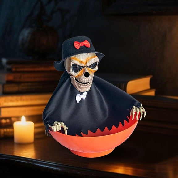 COM1950s Animated Halloween Skull Bowl with Moving Skeleton Hand,Motion Activated Candy Bowl with Led Lights and Spooky Sounds,Large Capacity Decor for Halloween Party