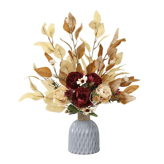 COM1950s Artificial Flowers Bouquet With Vase, Faux Silk Peony for Home Decor, Realistic Fake Roses Arrangement for Table Centerpiece Wedding Party Gift