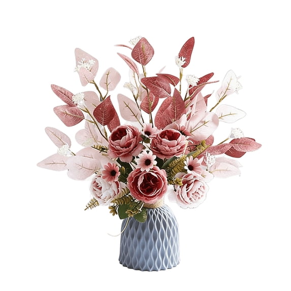 COM1950s Artificial Flowers Bouquet With Vase, Faux Silk Peony for Home Decor, Realistic Fake Roses Arrangement for Table Centerpiece Wedding Party Gift