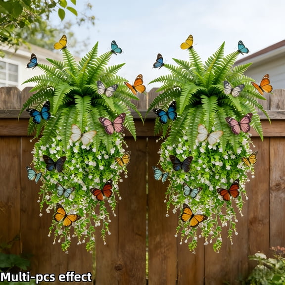COM1950s Artificial Hanging Basket Wall Decor, Faux Vine Camellia Butterfly Arrangement, Spring Outdoor Hanging Planter for Porch Patio Home Decoration