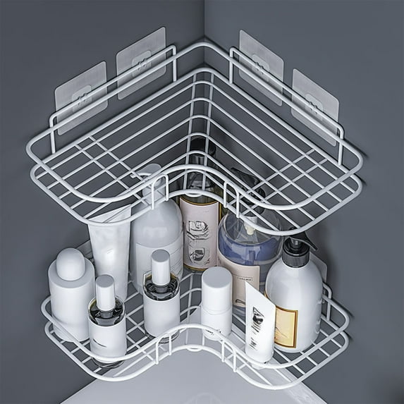 COM1950s Bathroom Storage Rack,Wall Mounted Corner Shelf Organizer with No Drill Adhesive Mount,Double Layer Over Toilet and Sink Storage Solution for Bathroom and Kitchen