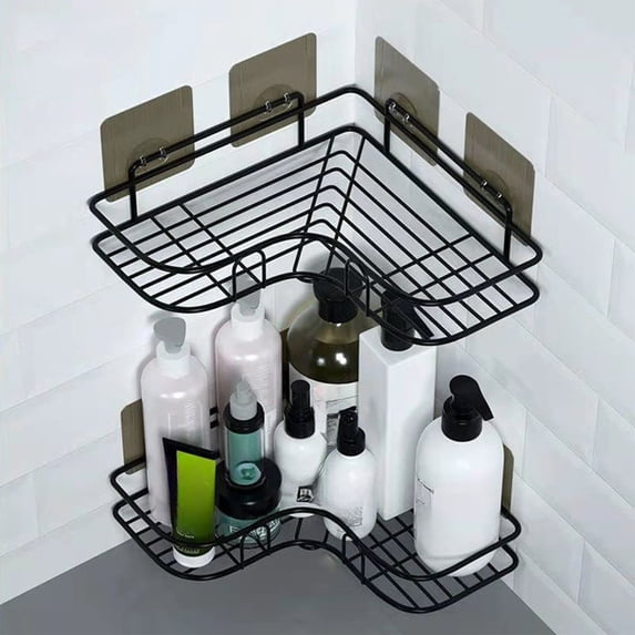 COM1950s Bathroom Storage Rack,Wall Mounted Corner Shelf Organizer with No Drill Adhesive Mount,Double Layer Over Toilet and Sink Storage Solution for Bathroom and Kitchen